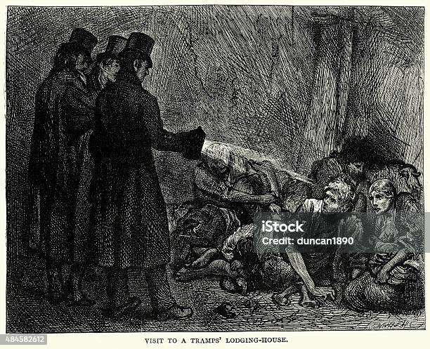 Charles Dickens Visit To A Tramps Lodging House Stock Illustration - Download Image Now - History, Men, Poverty
