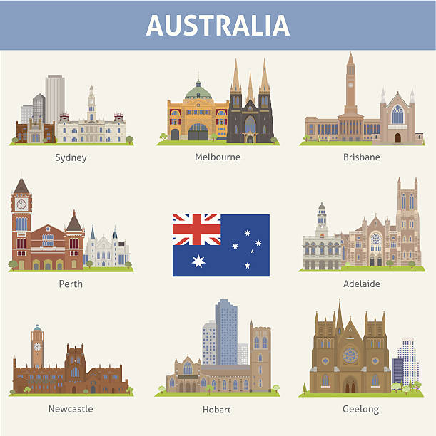 ilustraciones, imágenes clip art, dibujos animados e iconos de stock de australia. - famous place melbourne australia built structure