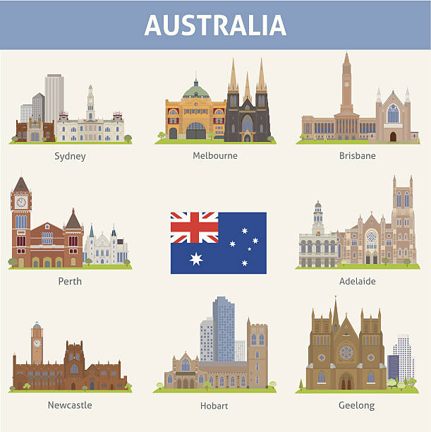illustrazioni stock, clip art, cartoni animati e icone di tendenza di australia. - melbourne australia skyline city