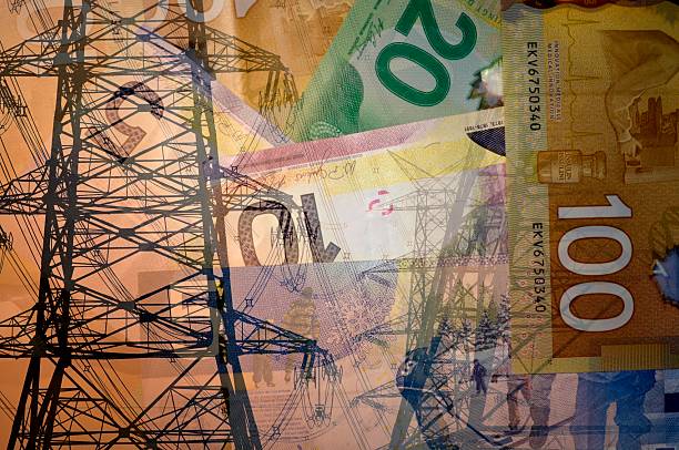 Concept for spend on electricity Electric pylon with high power wires and Canadian Dollar or Money, a double exposure shot, concept for spend on electricity tax authority stock pictures, royalty-free photos & images