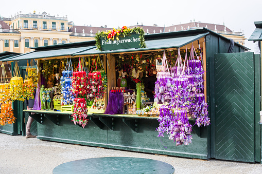 Vienna, Austria - April 3, 2015:Colorful Easter souvenirs at traditional Easter market near Schonbrunn palace in Vienna, Austria