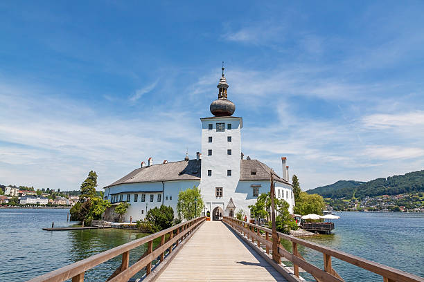 Gmunden, Austria - June 28, 2014: Schloss Ort, castle in Gmunden, Austria, Europe - view from the footbridge
