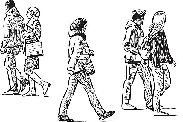 pedestrians sketch Vector drawing of the walking townspeople. walking drawings stock illustrations