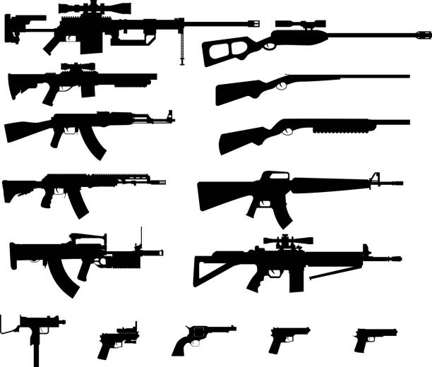 Gun set Gun shapes black icon vector set with rifles and pistol colts stock illustrations