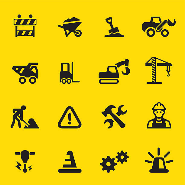 Under Construction Yellow Silhouette icons Under Construction Yellow Silhouette icons construction vehicle stock illustrations