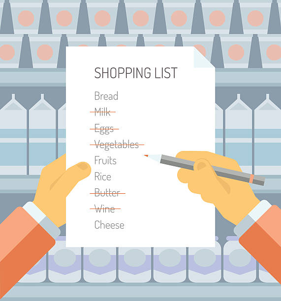 Shopping list in supermarket flat illustration Flat design style modern vector illustration concept of person holding shopping  list of items needed to be purchased in a supermarket with abstract product shelves on the background. shopping list stock illustrations