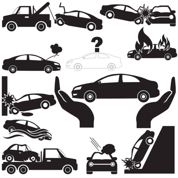 Car crash and car insurance icons Car crash and car insurance icons in silhouette. In vector style car hailstorm stock illustrations