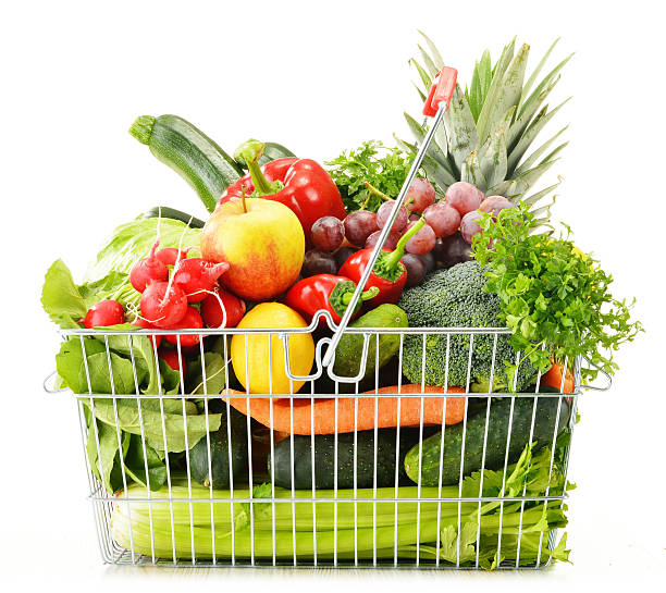 istock Wire shopping basket with groceries isolated on white 484607399