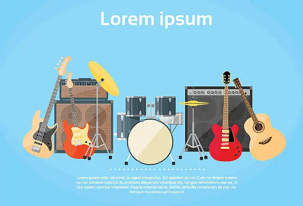Vector illustration of Musical Instruments Set Guitar Drums Rock Band