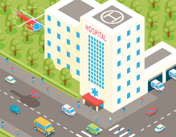 istock Isometric hospital and ambulance building with parking 3d cars. Vector 484612076