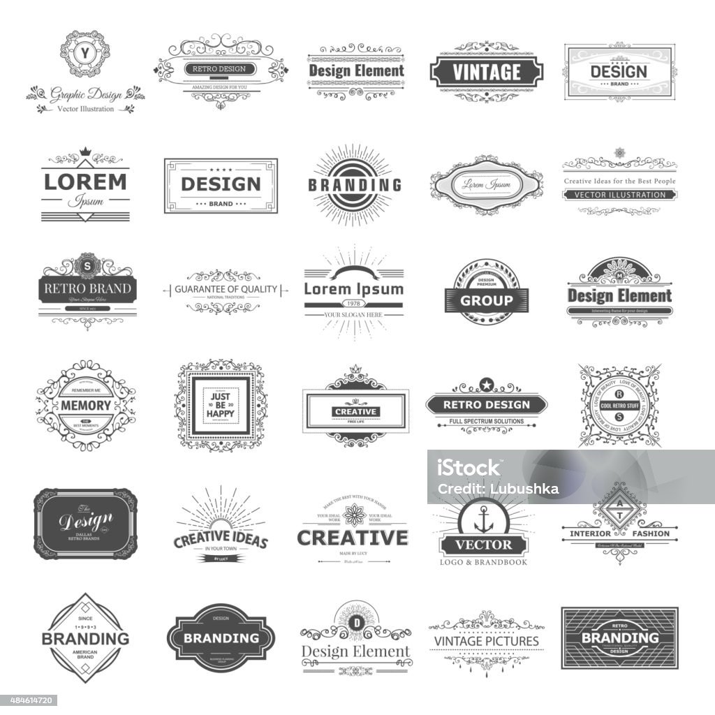 Monogram design Retro Vintage labels Insignias or  set. Vector design elements business signs, branding, badges, objects, identity, labels. Old-fashioned stock vector