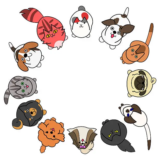 Vector illustration of looking up cats and dogs in circle with copy space