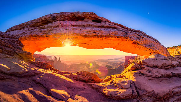 Mesa Arch Panorama Sunrise at iconic Mesa Arch in Canyonlands National Park canyonlands national park stock pictures, royalty-free photos & images