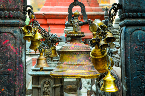 Detail of prayer bells in buddhist and hindu temple Swayambhu, Kathmandu, Nepal