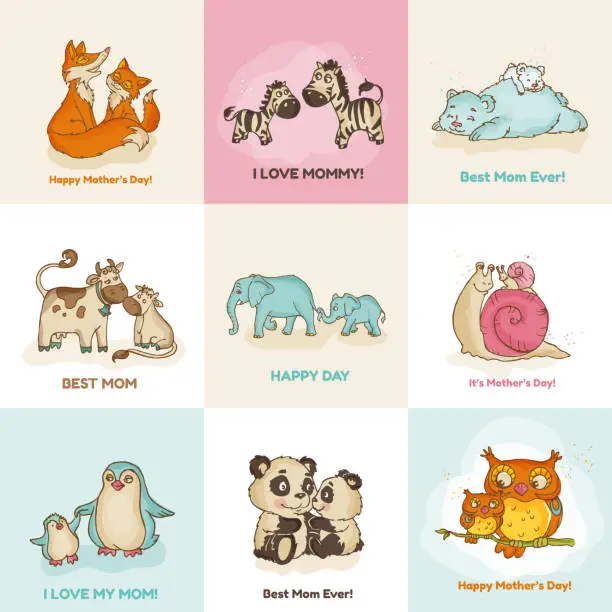 Vector illustration of Happy Mothers Day Cards - with cute animals