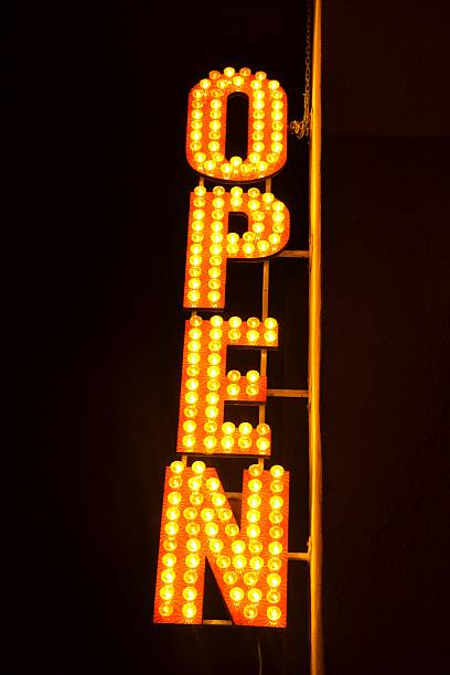 istock open sign in orange lights with black background 484623545