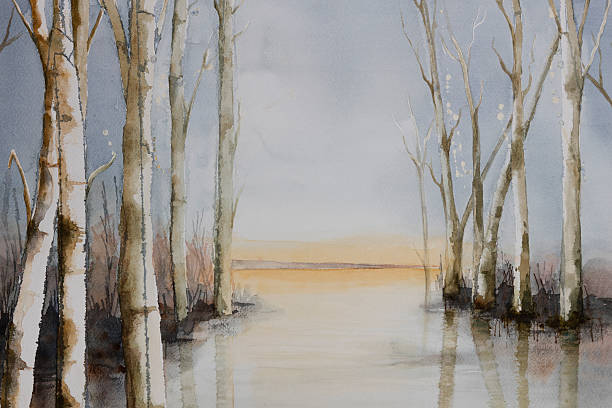 istock Original watercolour, trees at the side of a lake 484625248