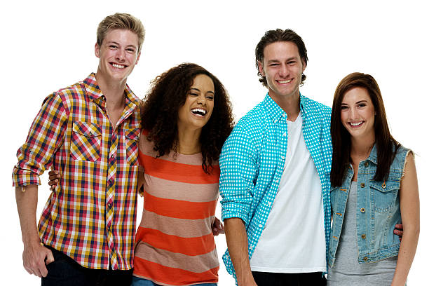 istock Smiling four friends standing together 484625754