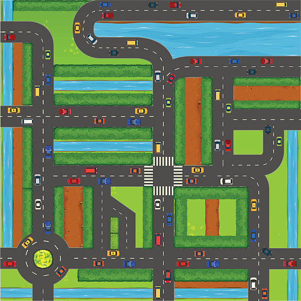 Top view of cars on street Top view of cars on street illustration river clipart stock illustrations