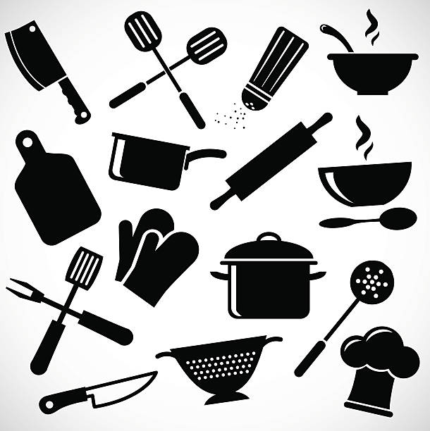 illustrations, cliparts, dessins animés et icônes de outils icône set de cuisine. - pan