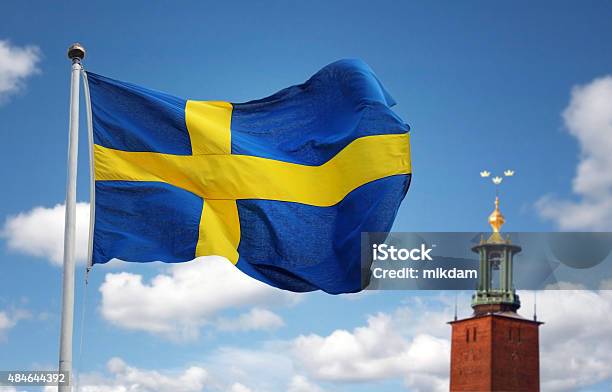 Stockholm City And The Swedish Flag Stock Photo - Download Image Now - Swedish Flag, 2015, Blowing