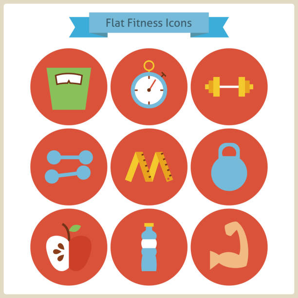 ilustraciones, imágenes clip art, dibujos animados e iconos de stock de plano de conjunto de iconos de deportes y gimnasio - muscular build food healthy eating human muscle