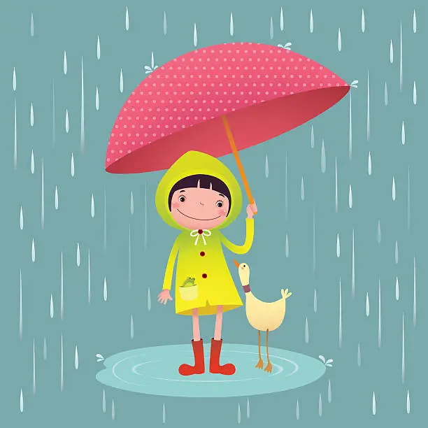 Vector illustration of Cute girl and friends with red umbrella in rainy season