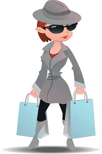 Vector illustration of Mystery shopper woman in spy coat with shopping paper bags