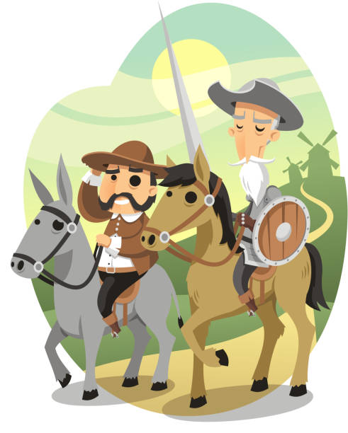 Don quixote & Sancho Panza The Ingenious Gentleman Don Quixote of La Mancha, vector illustration cartoon.  don quixote stock illustrations