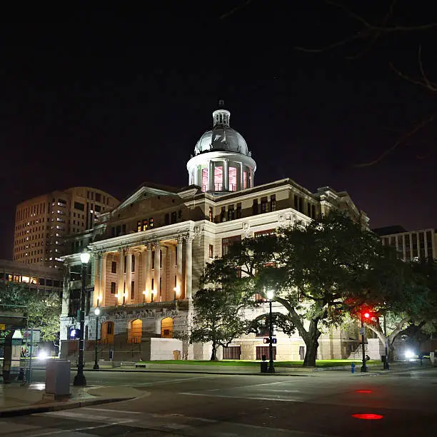 The Harris County Courthouse at night in Houston, Texas