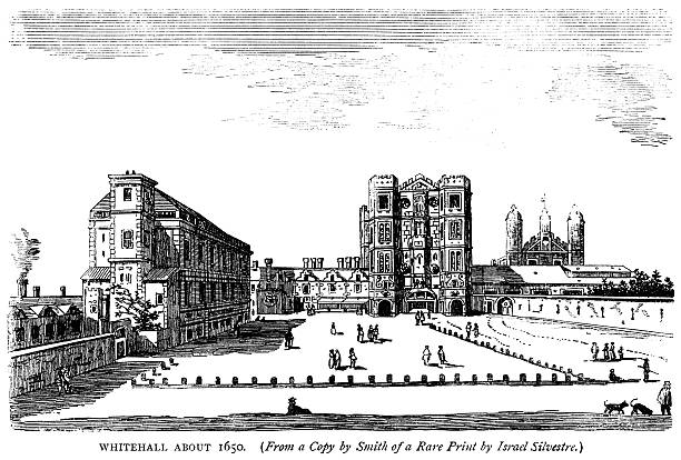 Whitehall Palace, London, about 1650 Whitehall Palace about 1650, taken ‘from a copy by Smith of a rare print by Israel Silvestre’. The Palace of Whitehall was the main home of British monarchs until 1698 when much of the Palace was destroyed by fire. From “Old & New London” by Walter Thornbury and Edward Walford, published in parts by Cassell & Co, London from 1873-1888. These illustrations are from parts 30-35 inclusive. whitehall street stock illustrations