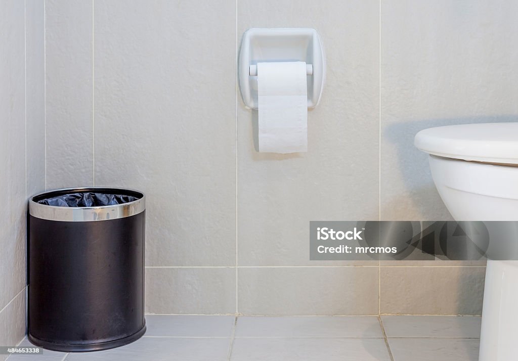 Interior of toilet seat, paper and trashcan in hygiene restroom. Bathroom Stock Photo