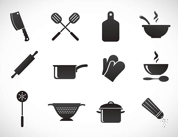 kuchnia narzędzia zestaw ikon. - silhouette work tool equipment penknife stock illustrations