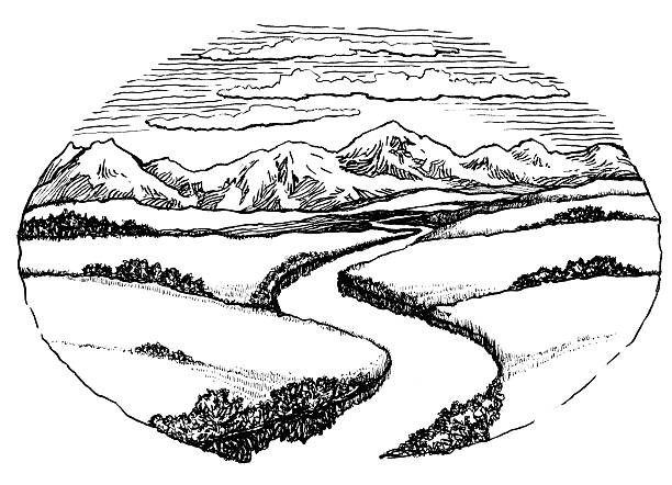Mountains & river vector art illustration
