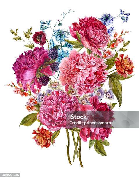 Watercolor Floral Bouquet With Burgundy Peonies In Vintage Style Stock Illustration - Download Image Now