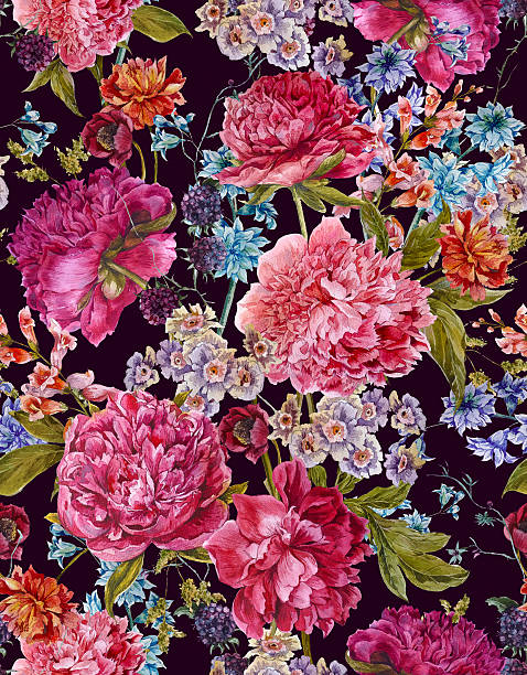 istock Watercolor Seamless Pattern with Burgundy Peonies in Vintage Style 484665546