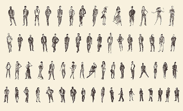 illustrazioni stock, clip art, cartoni animati e icone di tendenza di persone, illustrazione vettoriale di schizzo di disegno a mano - audience silhouette crowd people