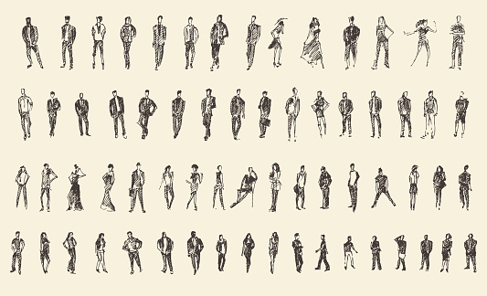 People, man and woman and children business sketch vector illustration, silhouette