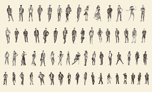 People Sketch, Vector Illustration, Hand Drawing People, man and woman and children business sketch vector illustration, silhouette walking drawings stock illustrations