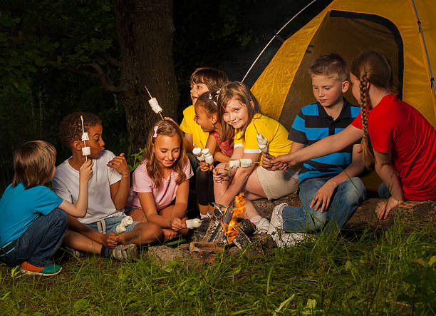 Campers sitting with marshmallow near bonfire
