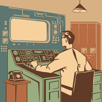 Operator controlling the correct execution of the process retro vector illustration
