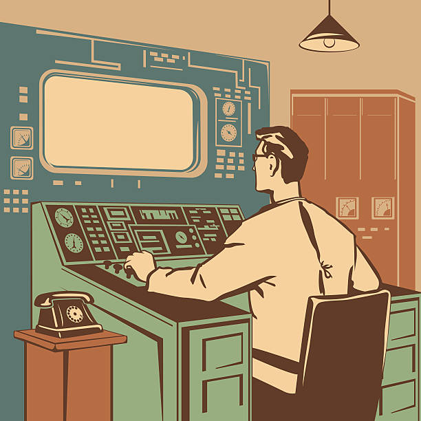 Operator Operator controlling the correct execution of the process retro vector illustration outdated technology stock illustrations