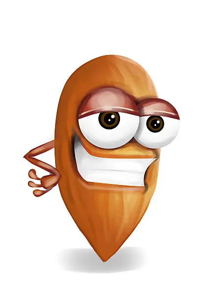 A cute and funny almond character with a big smile on a white background, posing like a confident superstar or a superhero. Naturally brown nut hovers over the floor with a delicate shadow beneath. We can see how this this single sly cartoon character may represent healthy lifestyle, healthy food, organic farming, vegetarianism, vegan diet, good nutrition and importance of almonds in a good diet. Expresses superiority of healthy food over junk food and can be a way to encourage people to consume almonds. We can see the object from the front. Half closed eyes of this toon and a supporting arm enhance its cool, relaxed and sly expression.