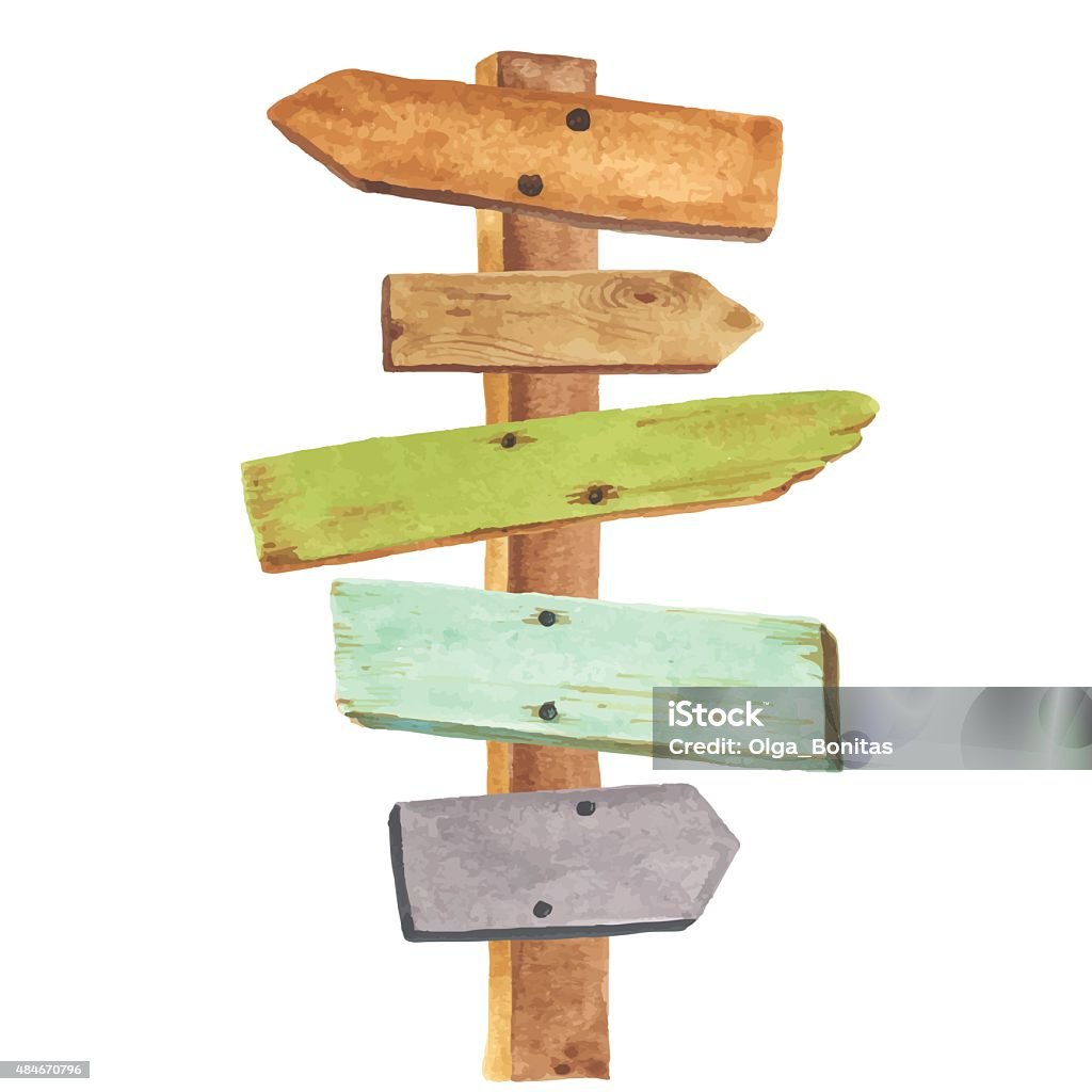 Watercolor wooden signpost Watercolor wooden signpost. Directions to different places. Directional Sign stock vector