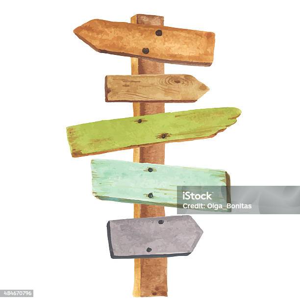 Watercolor Wooden Signpost Stock Illustration - Download Image Now - Directional Sign, Wood - Material, Sign