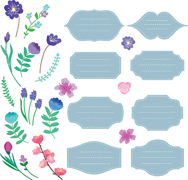 hand-drawn labels set с цветами. - plan flower arrangement single flower blue stock illustrations