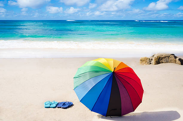 istock Summer background with rainbow umbrella and flip flops 484672211
