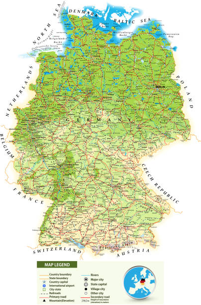 illustrazioni stock, clip art, cartoni animati e icone di tendenza di grande dettagliata road mappa di germania - map germany topographic map vector