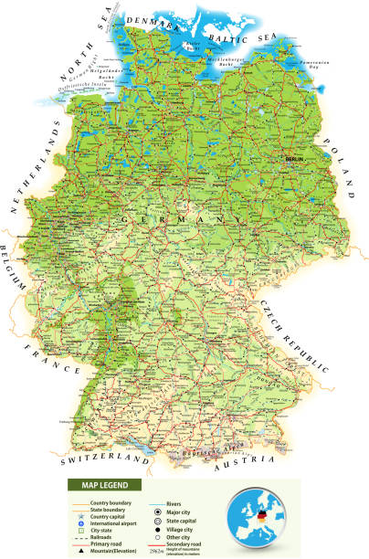 Large detailed road map of Germany Large detailed road map of Germany with topographic contours(physical map), all cities, villages, water objects, mountains and airports. germany map regions stock illustrations