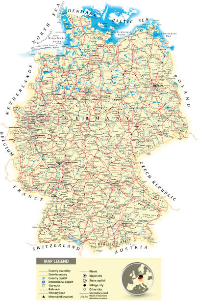 Large detailed road map of Germany Large detailed road map of Germany with all cities, villages, water objects, mountains and airports. germany map regions stock illustrations